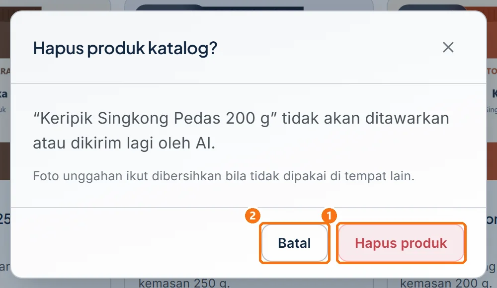 Dialog Hapus produk katalog? dengan tombol Hapus produk dan Batal