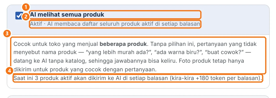 Pilihan AI melihat semua produk yang sudah dicentang dan disimpan, lengkap dengan keterangan dan jumlah produk aktif