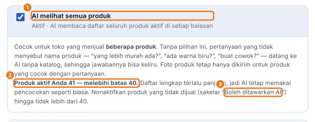 Keterangan pilihan AI melihat semua produk pada akun yang produk aktifnya melebihi batas 40