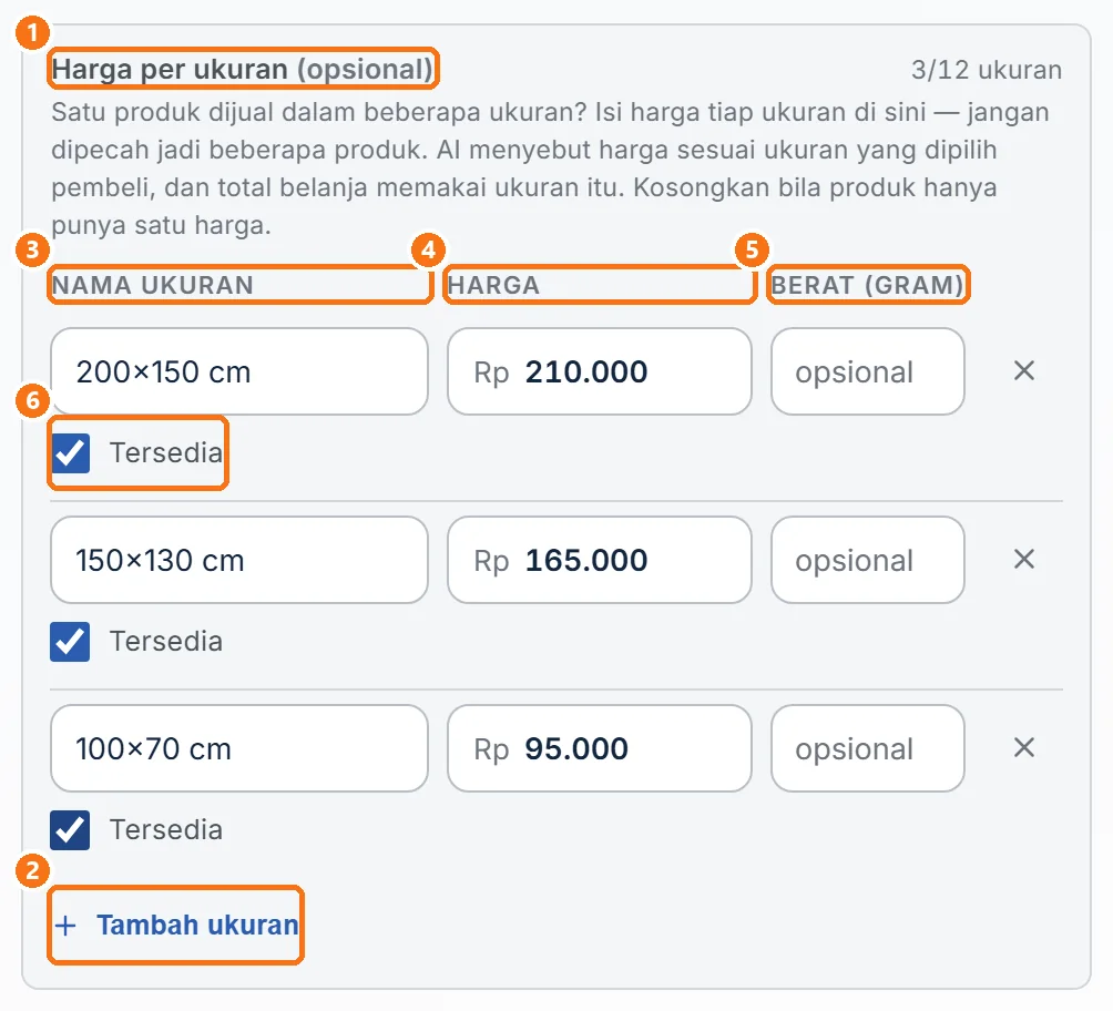 Bagian Harga per ukuran berisi tiga ukuran pada produk Karpet Bulu