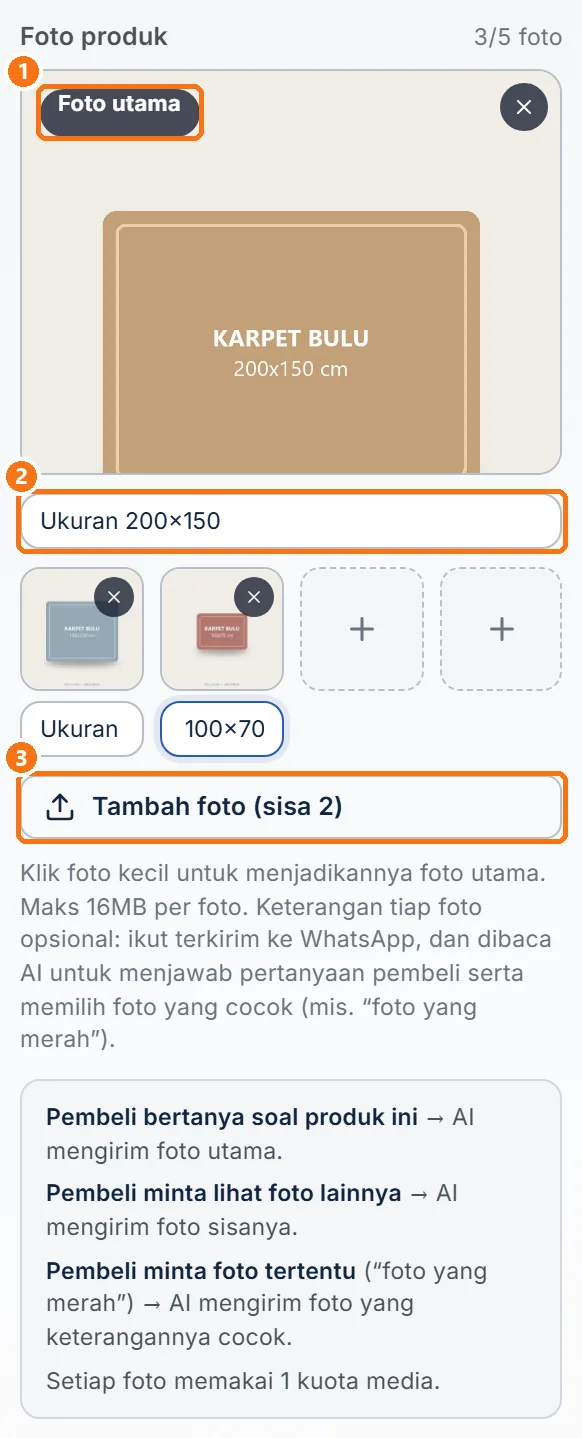 Tiga foto produk dengan kotak Keterangan foto terisi